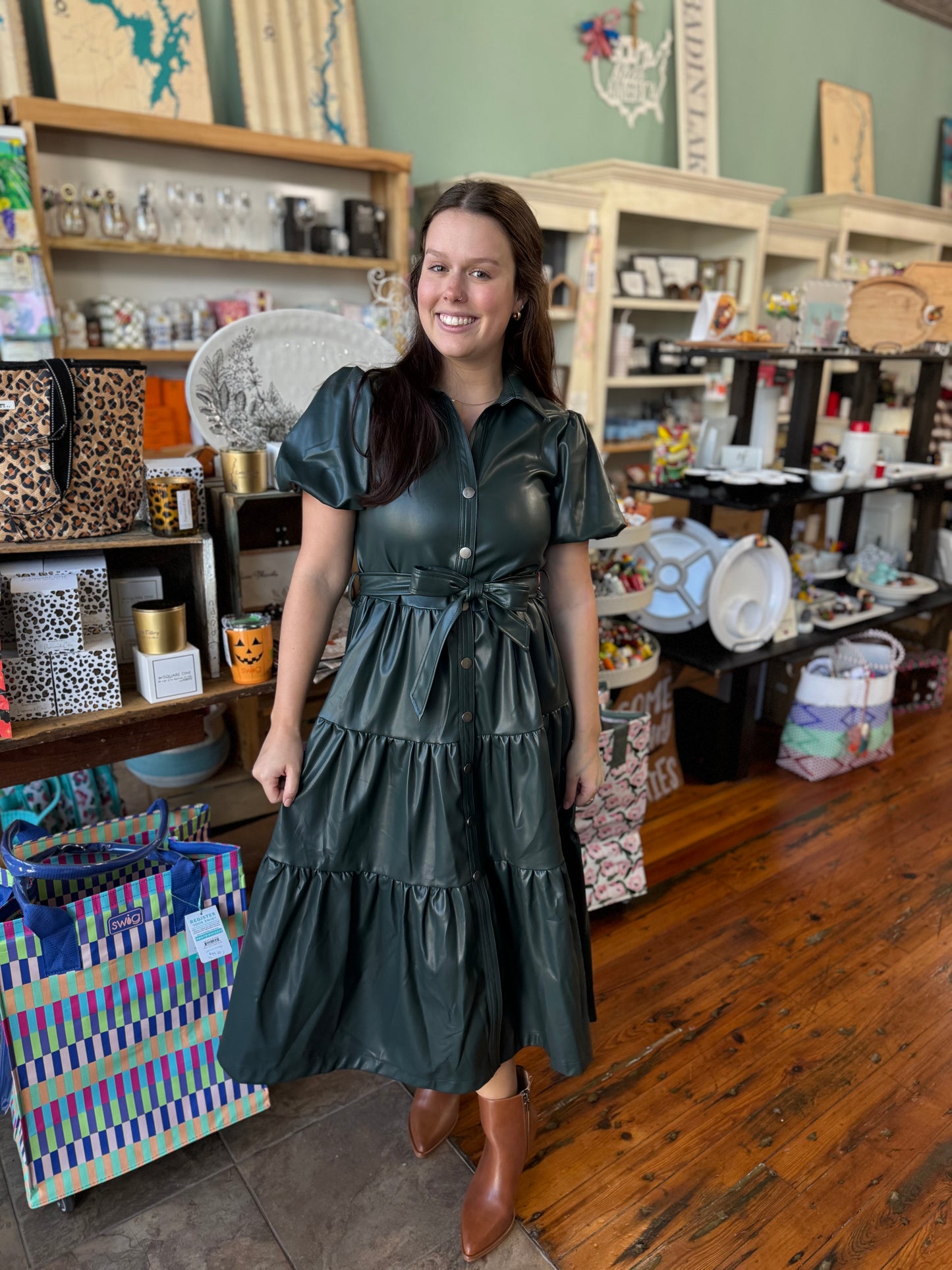 Forest Green Faux Leather Belted Dress