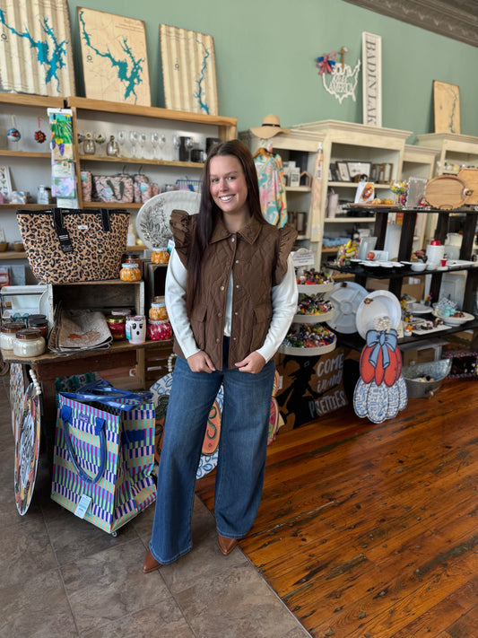 Brown Quilted Vest with Embroidered Bows