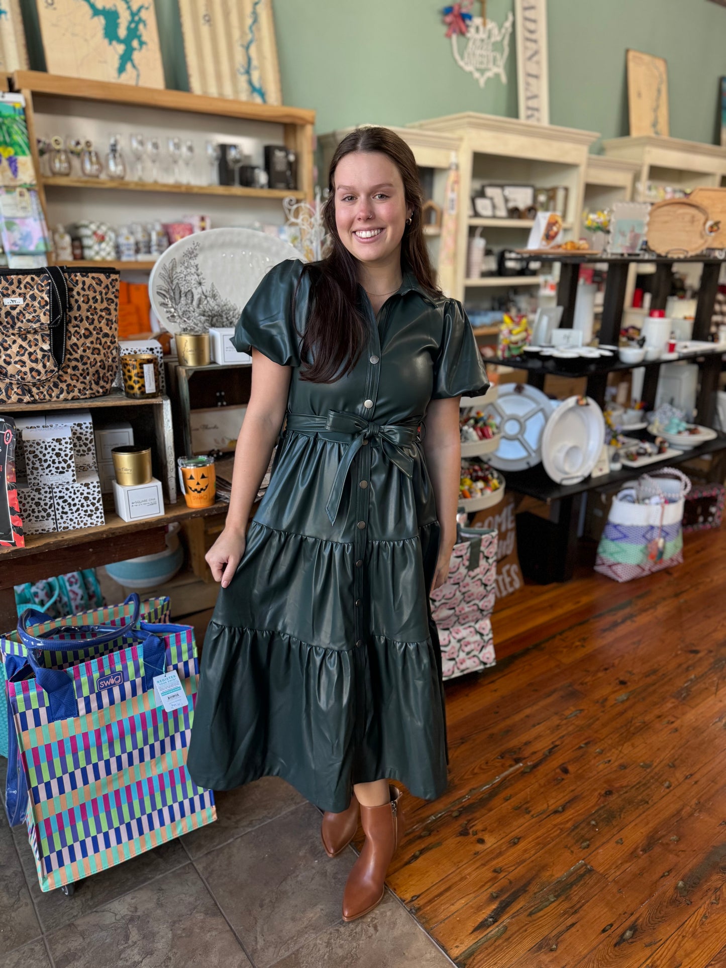 Forest Green Faux Leather Belted Dress
