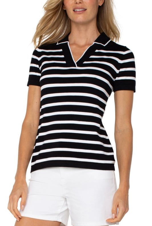Black and White Stripe Short Sleeve Collared Sweater by Liverpool