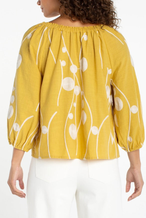 3/4 Sleeve Woven Top in Yellow Cream Embroidery