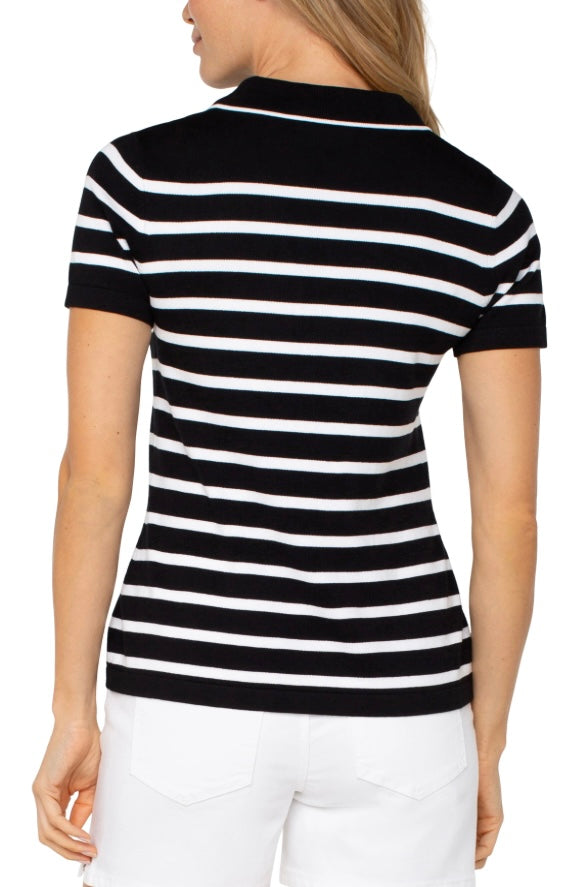 Black and White Stripe Short Sleeve Collared Sweater by Liverpool