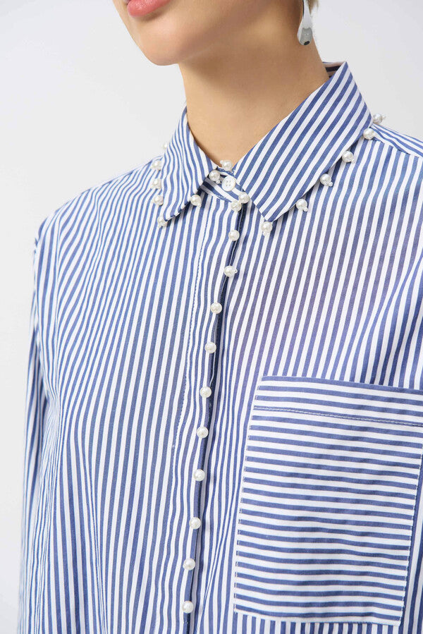 Striped Casual Button Blouse with Pearls by Joseph Ribkoff