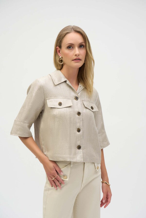 Foiled Linen Blend Short Sleeve Boxy Jacket by Joseph Ribkoff