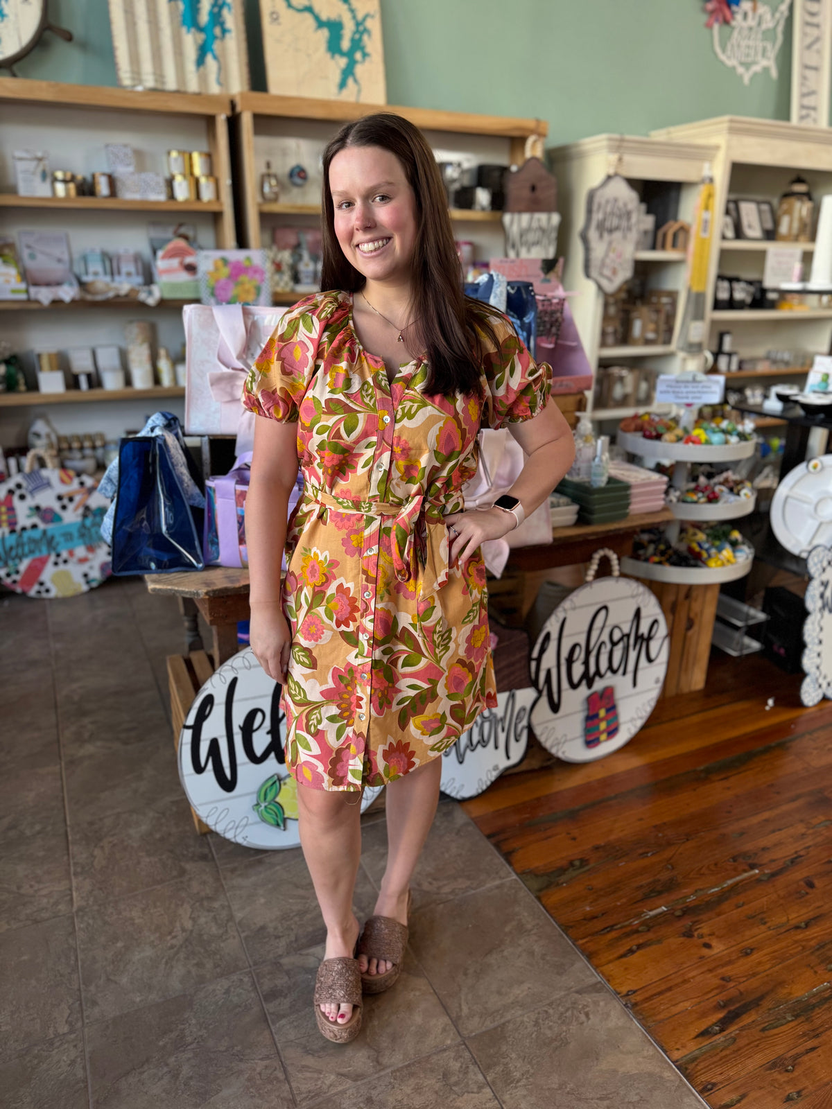 Floral Short Sleeve Shirred Button Front Woven Dress