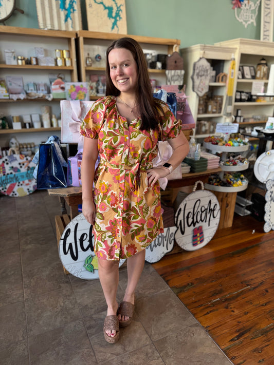 Floral Short Sleeve Shirred Button Front Woven Dress