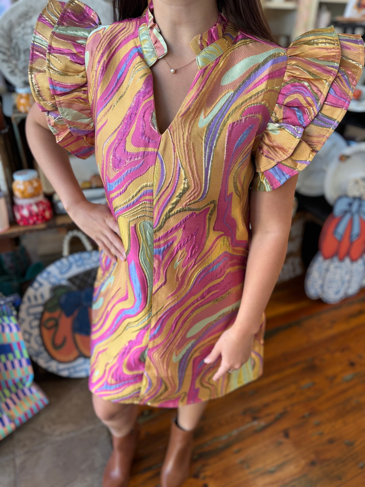 Yellow Swirl Ruffle Sleeve Dress