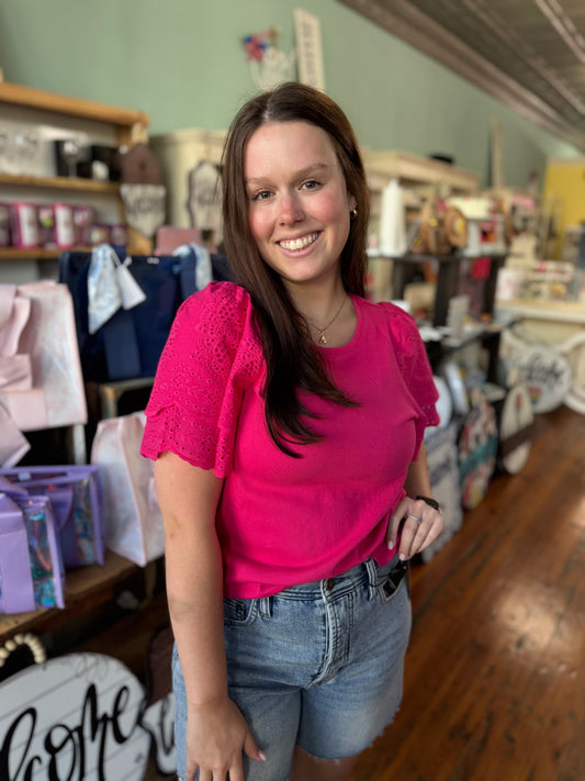 Diva Pink Short Sleeve Knit-to-woven Top by Liverpool