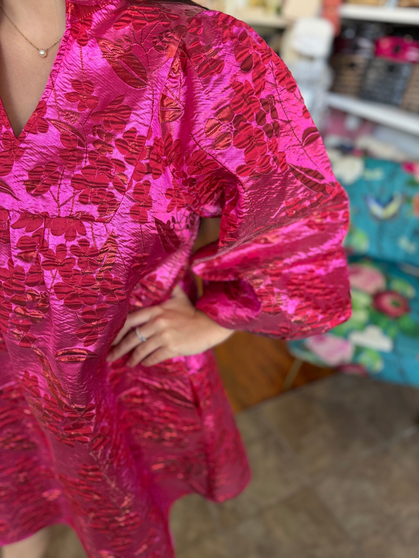 Fuchsia Jacquard Puff Sleeve Dress