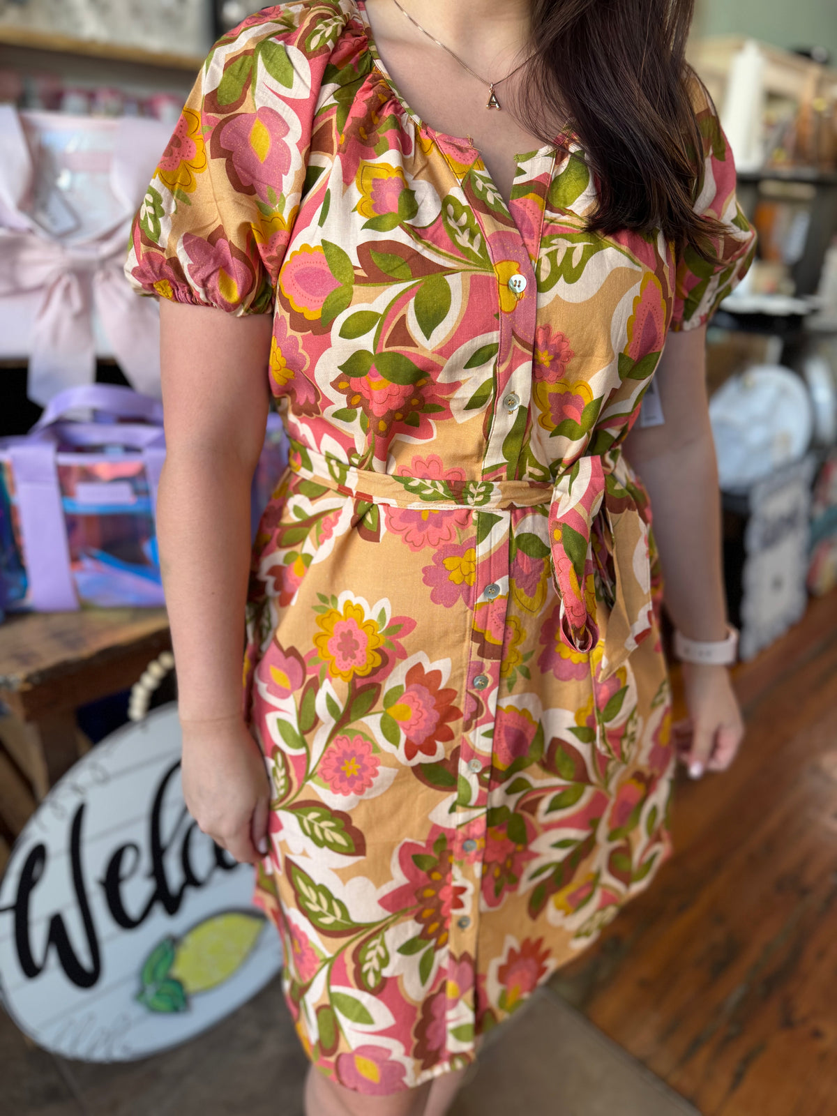 Floral Short Sleeve Shirred Button Front Woven Dress