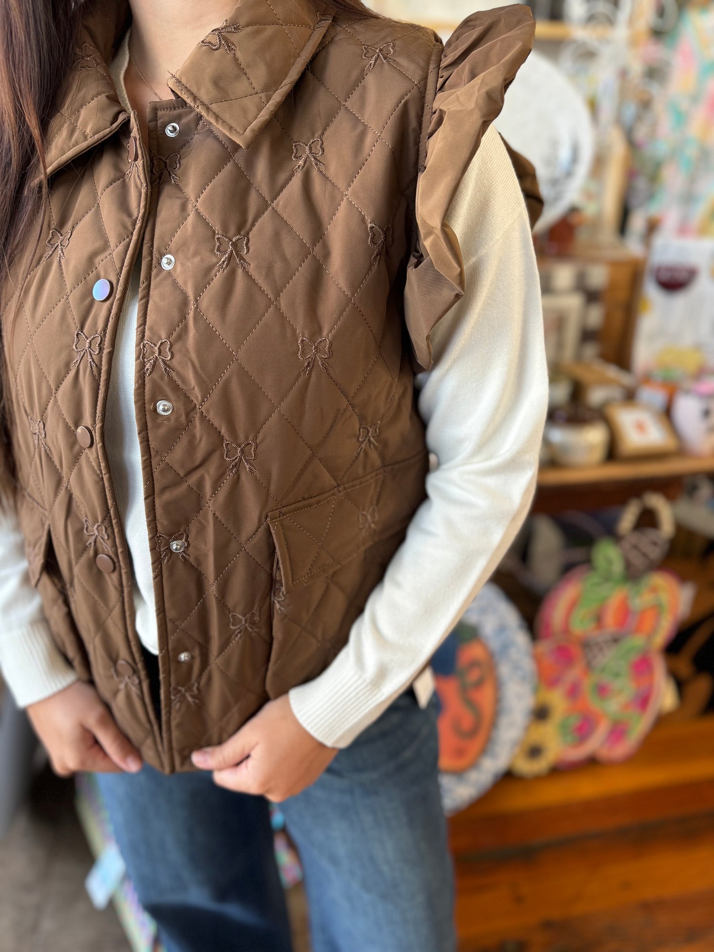 Brown Quilted Vest with Embroidered Bows