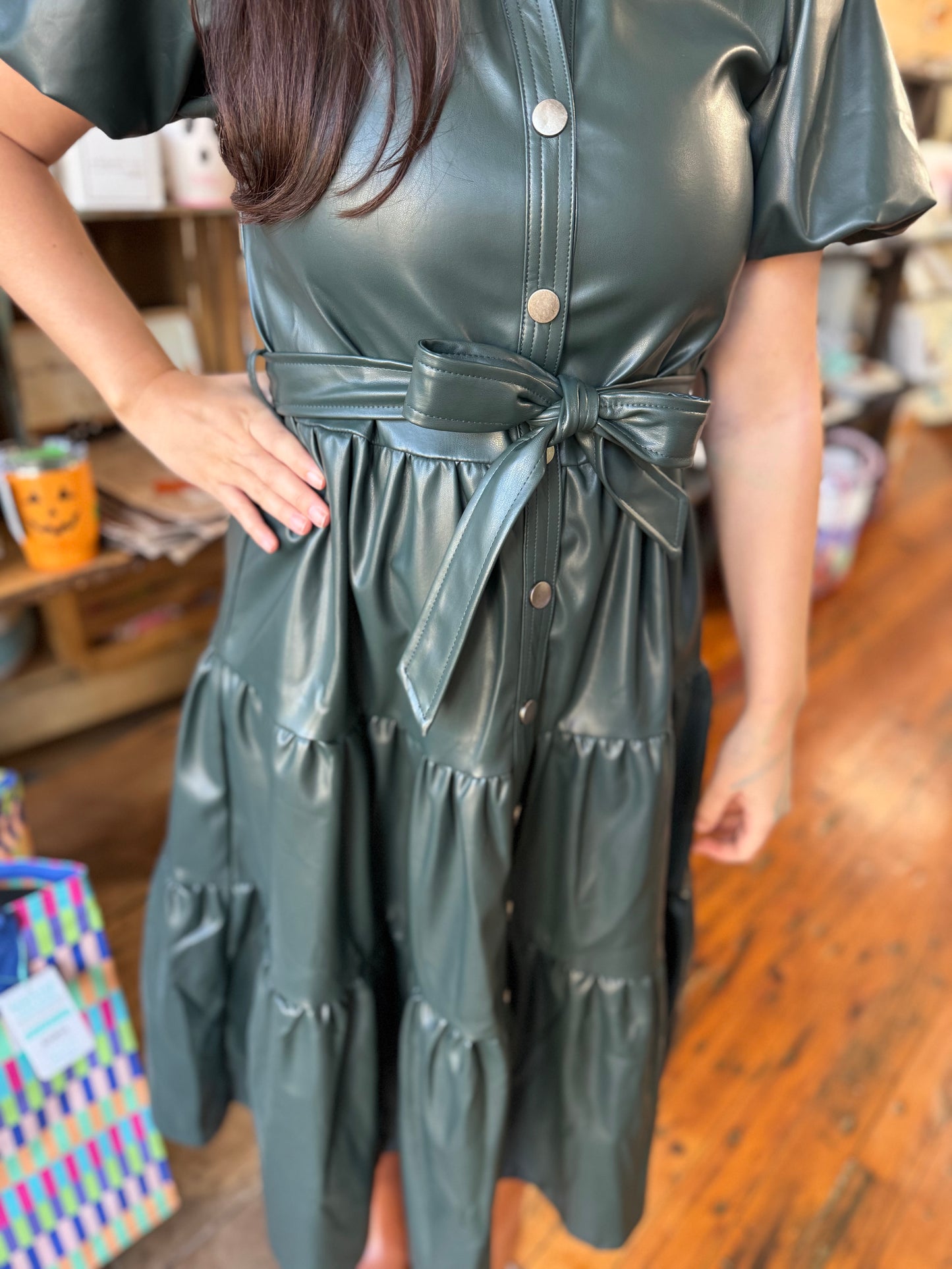 Forest Green Faux Leather Belted Dress