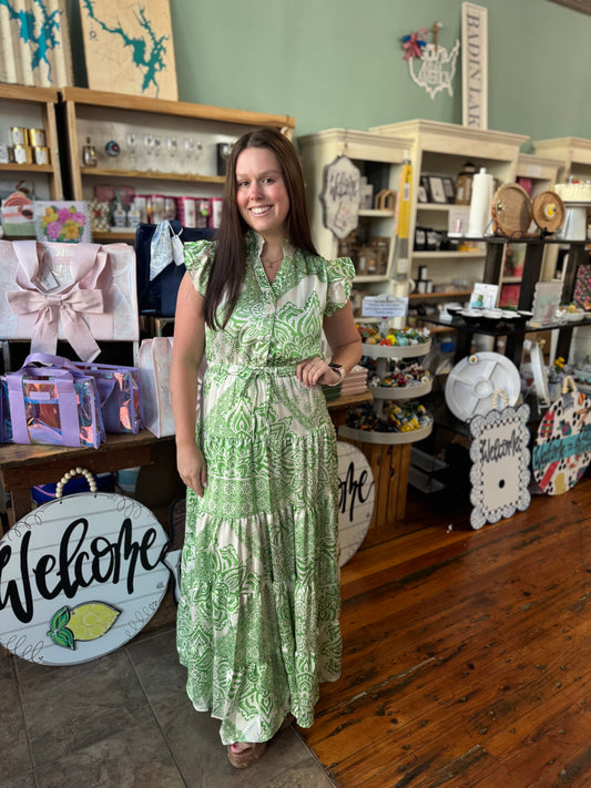 Green & White Satin Flutter Sleeve Maxi Dress