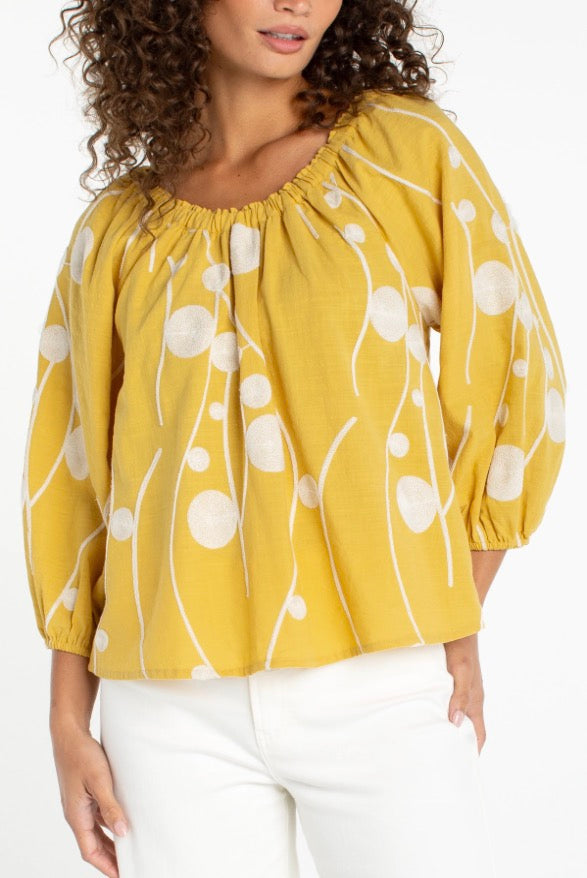 3/4 Sleeve Woven Top in Yellow Cream Embroidery