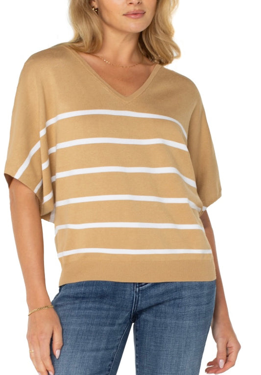 Short Sleeve Dolman Sleeve Sweater in Tan Stripe by Liverpool
