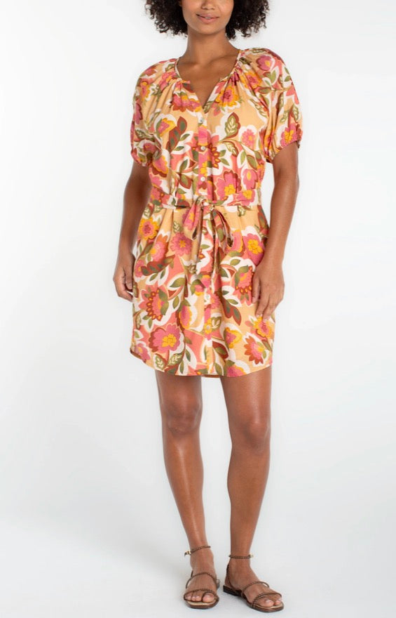 Floral Short Sleeve Shirred Button Front Woven Dress
