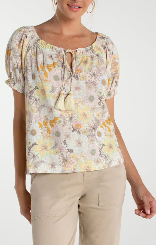Light Floral Woven Top With Front Tie