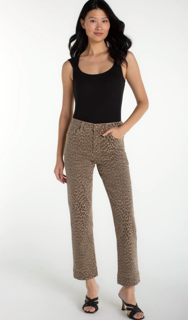 Kennedy Straight Jeans With Wide Hem in Khaki Abstract Animal