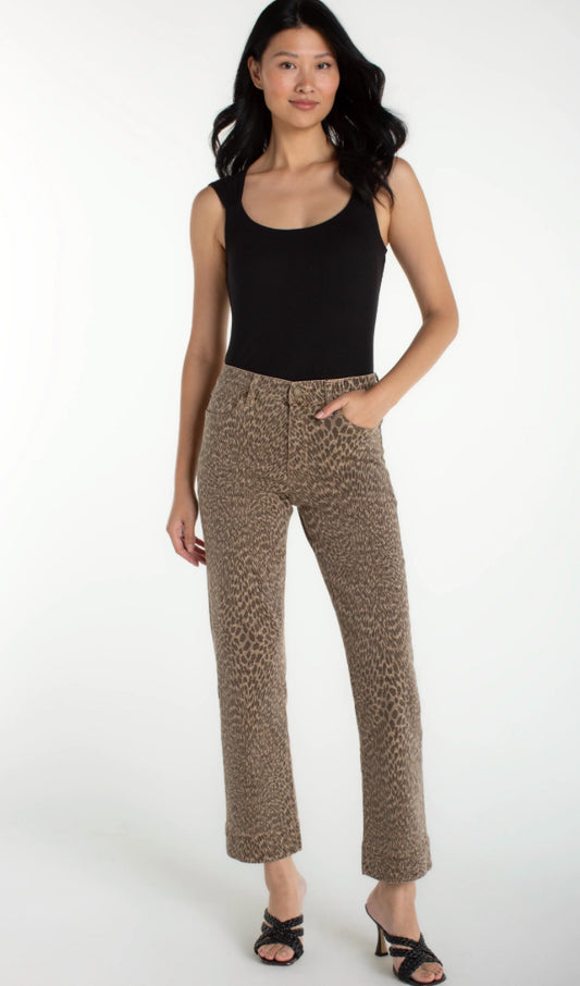 Kennedy Straight Jeans With Wide Hem in Khaki Abstract Animal