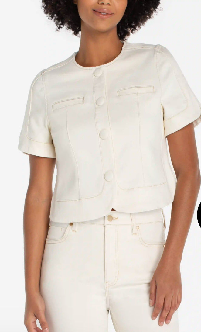Collarless Short Sleeve Cropped Jacket in Desert Dunes