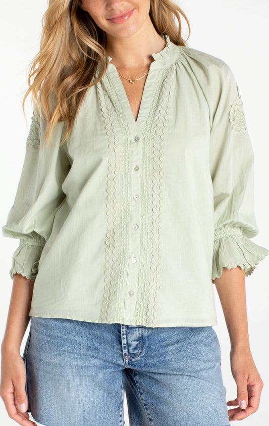 Matcha 3/4 Sleeve Button Front Woven Top