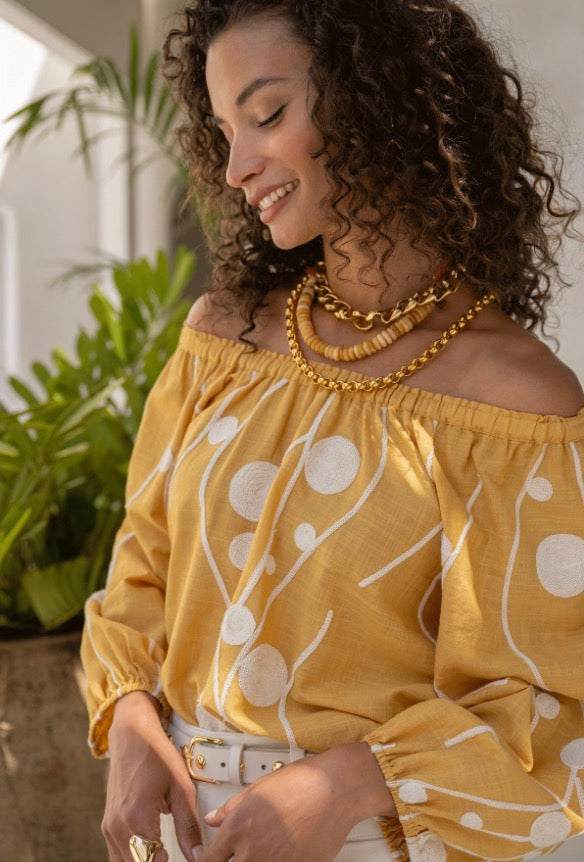 3/4 Sleeve Woven Top in Yellow Cream Embroidery