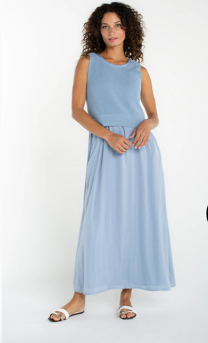 Sleeveless Tie Back Sweater Woven Dress in Malibu Blue