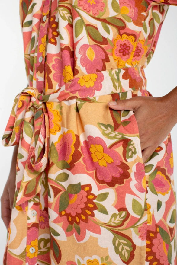 Floral Short Sleeve Shirred Button Front Woven Dress