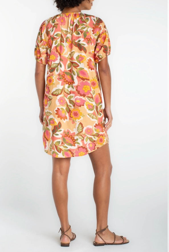Floral Short Sleeve Shirred Button Front Woven Dress