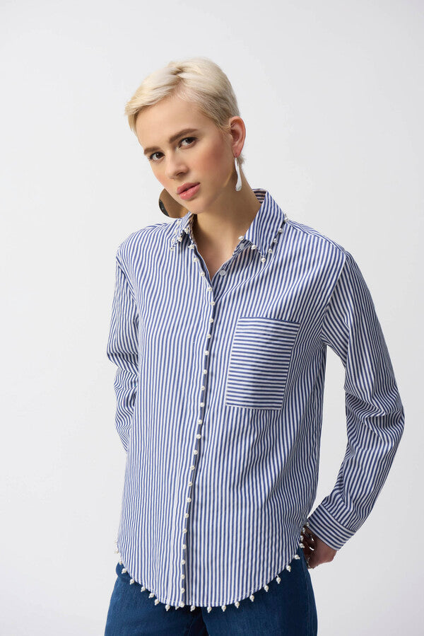 Striped Casual Button Blouse with Pearls by Joseph Ribkoff